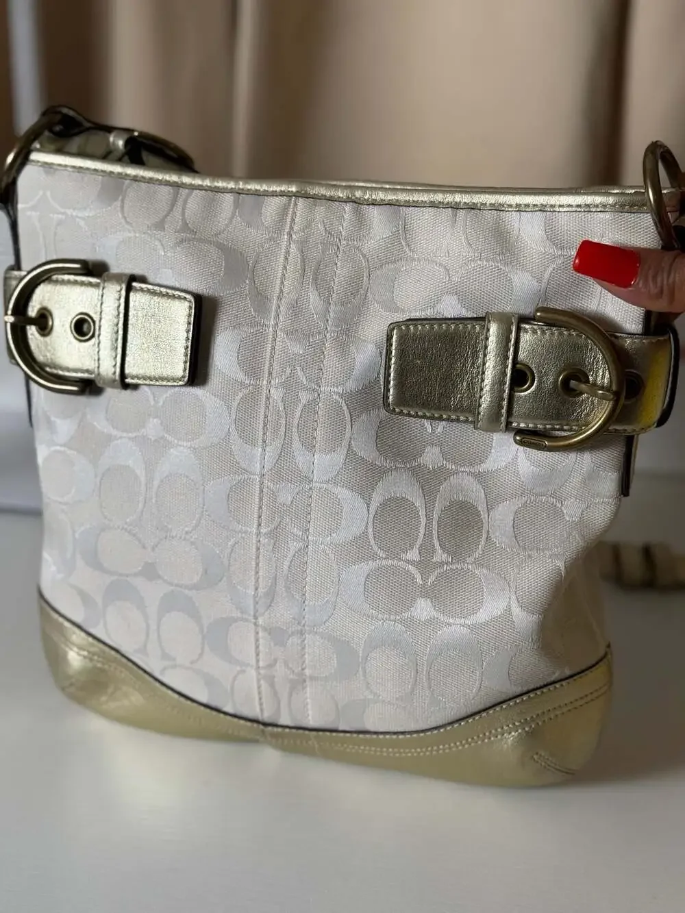 Coach Signature 3574 Hobo Shoulder Bag in Cream Canvas and Metallic Gold Leather